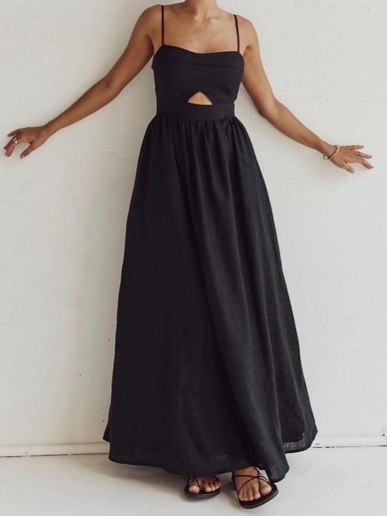 Black High Waist Spaghetti Strap French Midi Dress N6D090