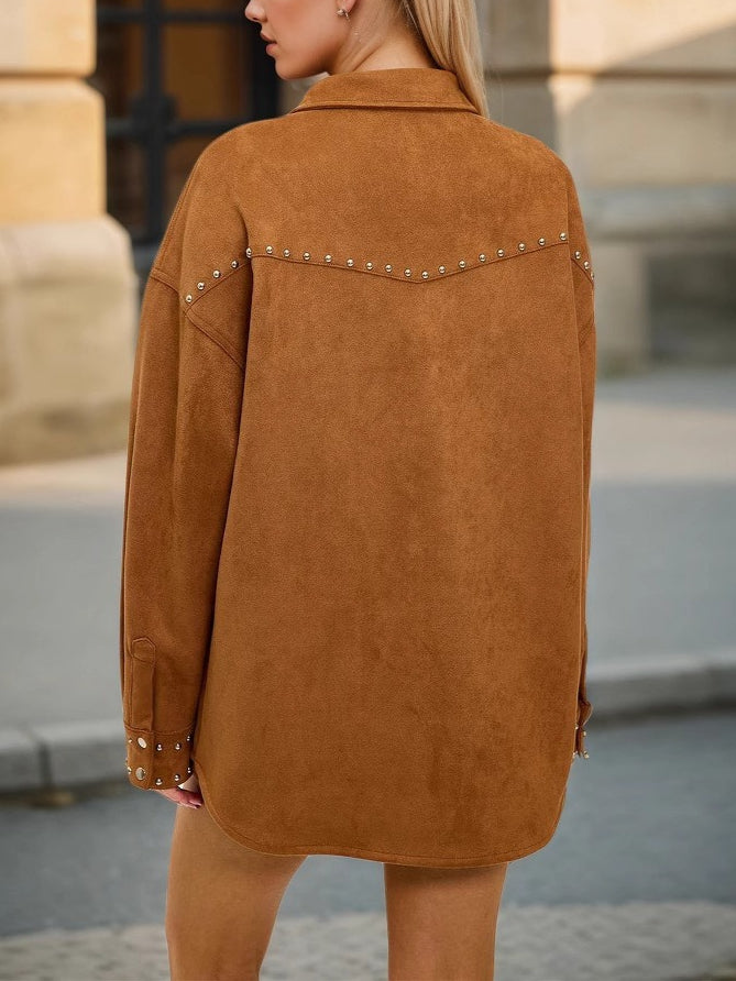 Notch Lapel Rivet Loose Shirt Jacket Women N6C127