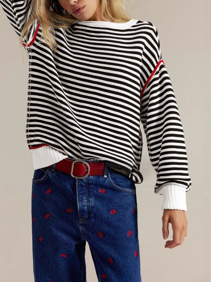 Striped Round Neck Oversized Knit Pullover Women N6G188