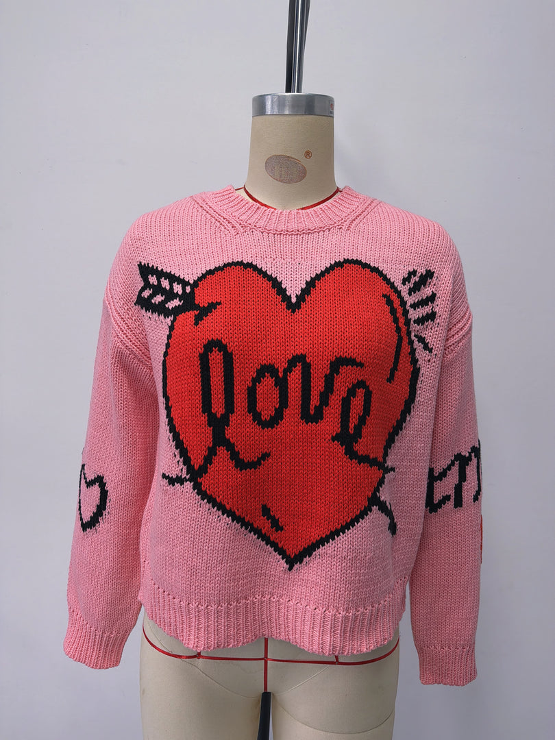 Heart Print Long Sleeve Round Neck Loose Knit Sweater N6H302