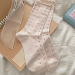 Load image into Gallery viewer, Diamond Grid Ruffle Trim Cotton Mid-Calf Socks Women N6H009