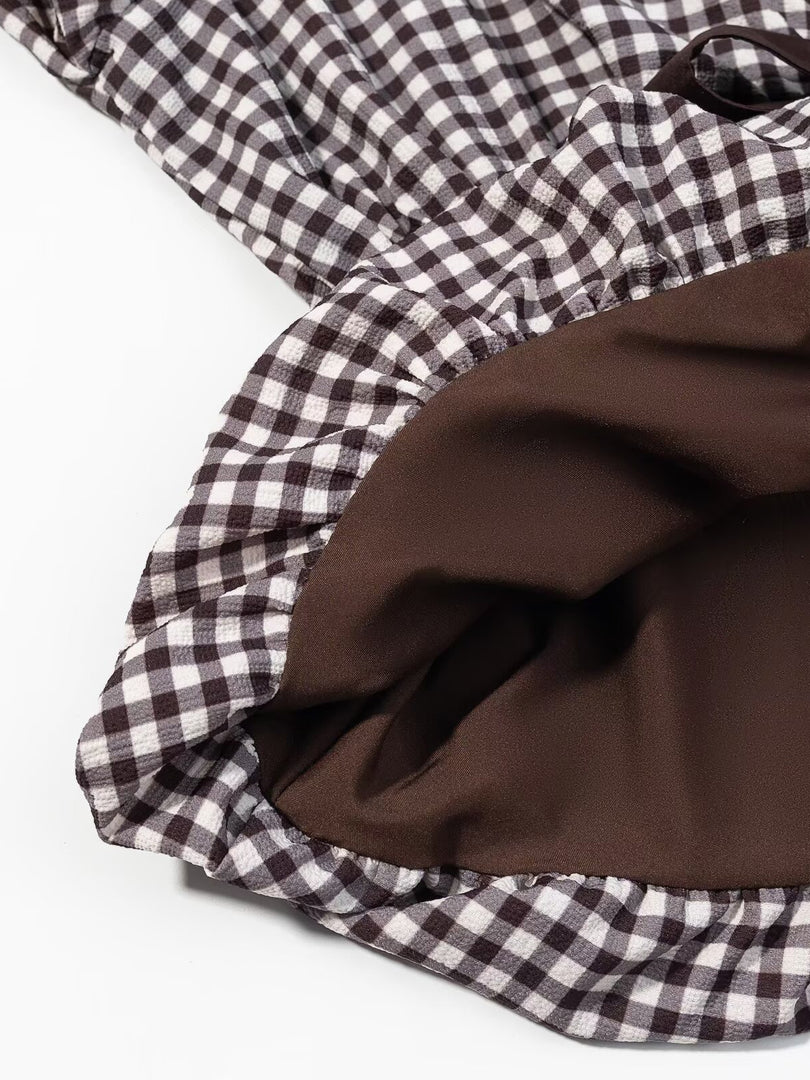Gingham Balloon Sleeve Bow Tie Blouse Women N6C276