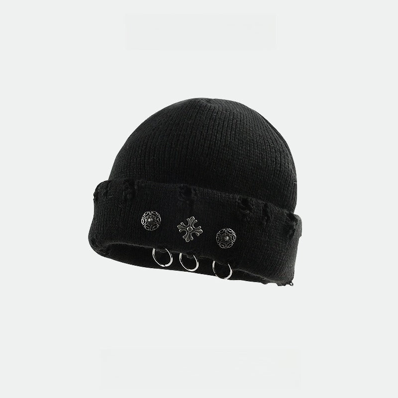 Vintage Cross Ring Hole Knit Beanie Women N6H216