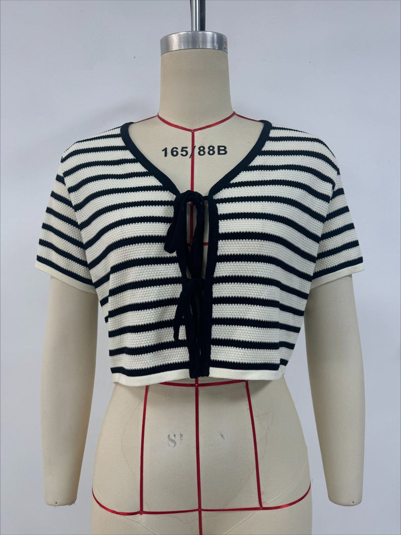 Striped Tie-Front Knit Cardigan Short Sleeve  N6G174