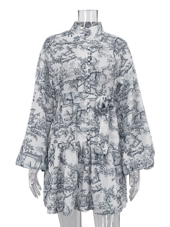 Ink Print Puff Sleeve Stand Collar A-line Dress Women N6C190