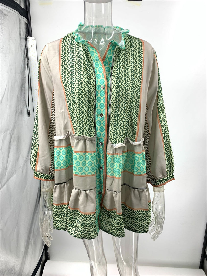 Printed Linen Blend Flounce Sleeve Short Dress Women N6D056