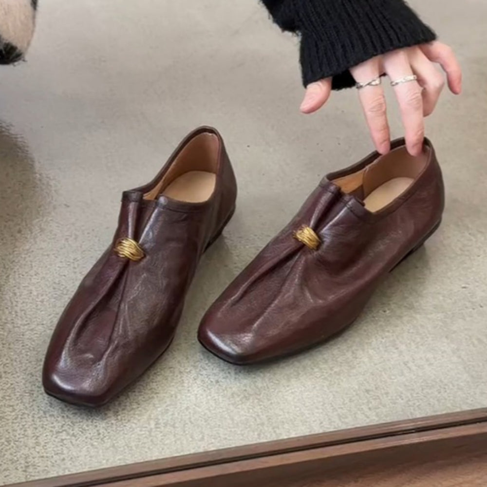 Vintage Square Toe Pleated Loafers Women Chunky Heel N6G241