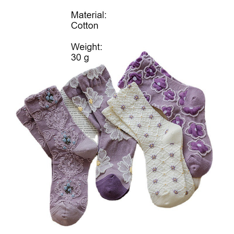 Vintage Embossed Floral Mid-Calf Socks Women Cotton N6H021
