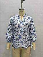 Load image into Gallery viewer, Blue White Pattern Stand Collar Shirt Women N6C125
