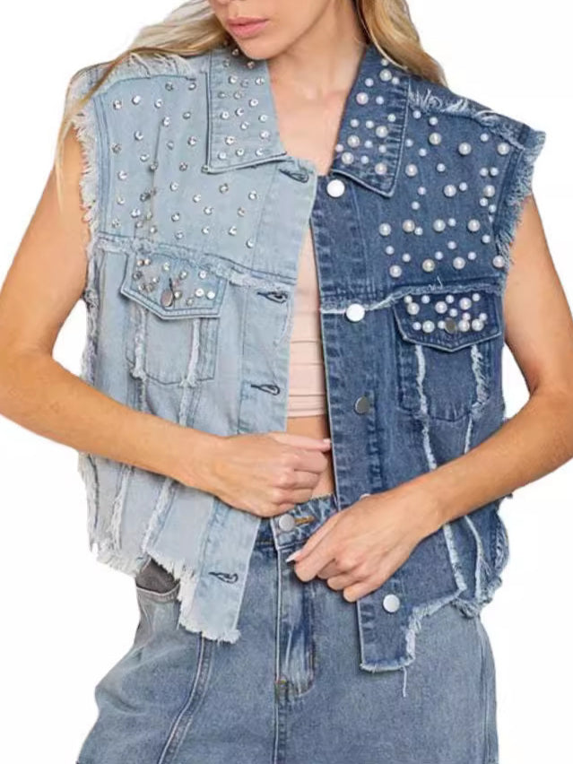 Bead Crop Sleeveless Jacket Ultra Heavy Blue N5Z946