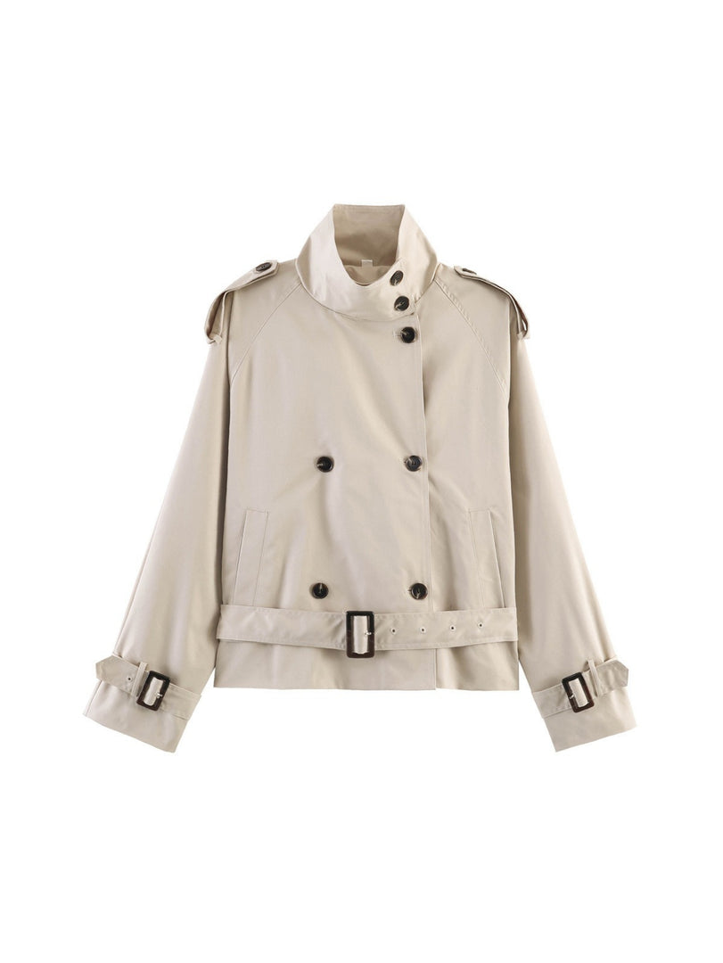Loose Belted Double-Breasted Stand Collar Coat Women N6H125