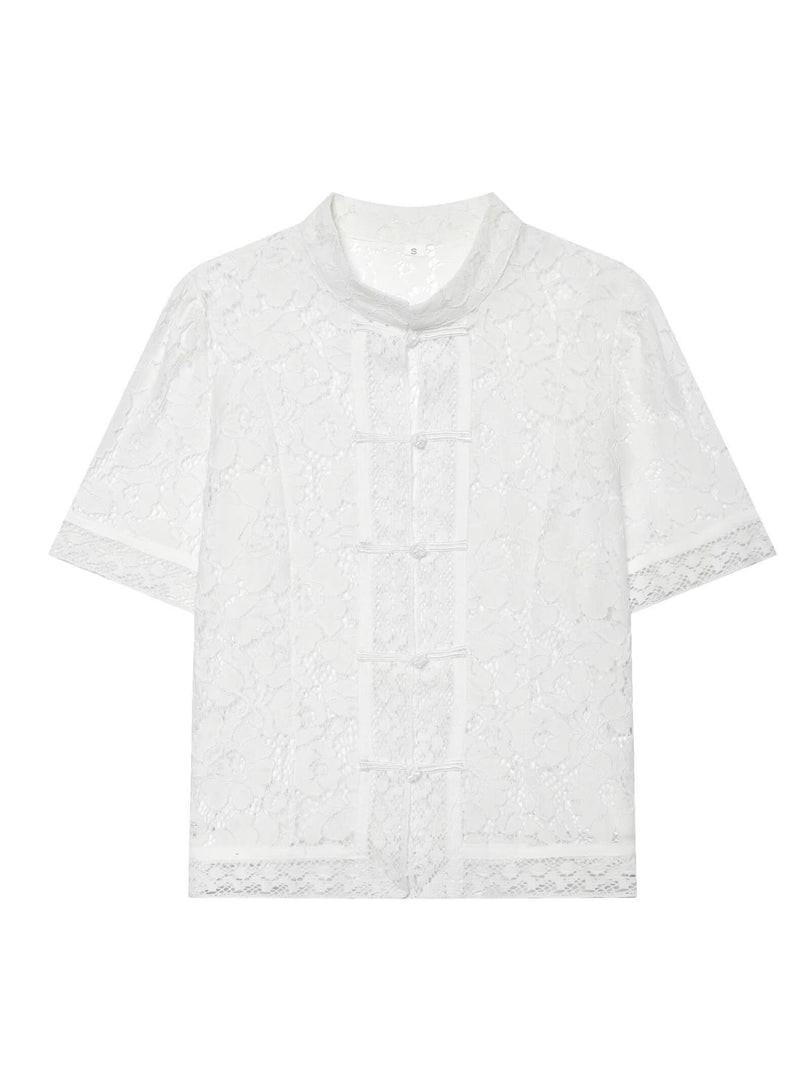 Lace Crochet Stand Collar Short Sleeve Blouse Women N6F205