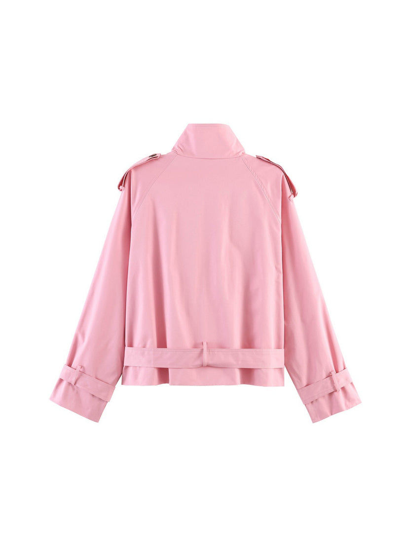 Loose Belted Double-Breasted Stand Collar Coat Women N6H125