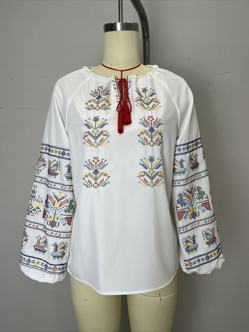 Ethnic Embroidered Loose Long Sleeve Shirt Women N6D099