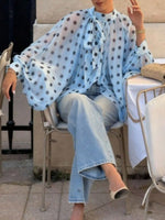 Load image into Gallery viewer, Polka Dot Tie Neck Semi-Sheer Blouse Women N6D212