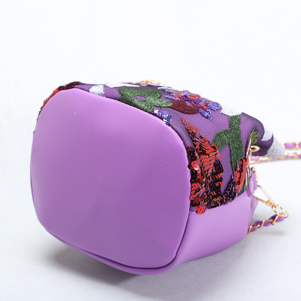 Floral Embroidered Sequin Mesh Bucket Bag Women N6E010