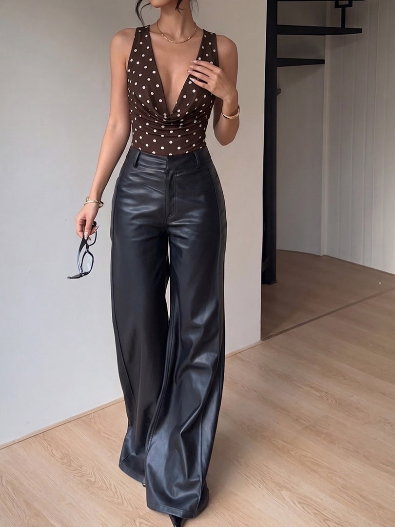 Retro Polka Dot Cowl Neck Deep V Bodysuit N6F008
