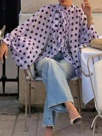 Polka Dot Tie Neck Semi-Sheer Blouse Women N6D212