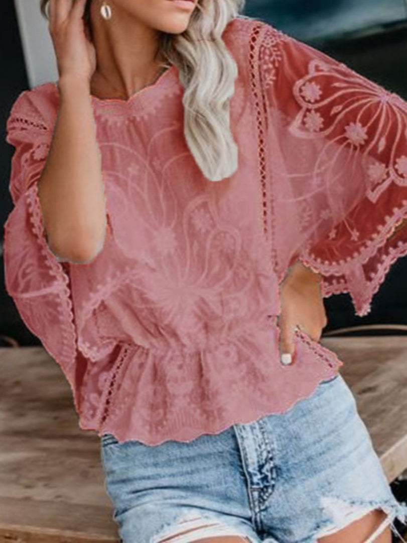 Lace Ruffle Batwing Sleeve Blouse Women Chiffon N6G269