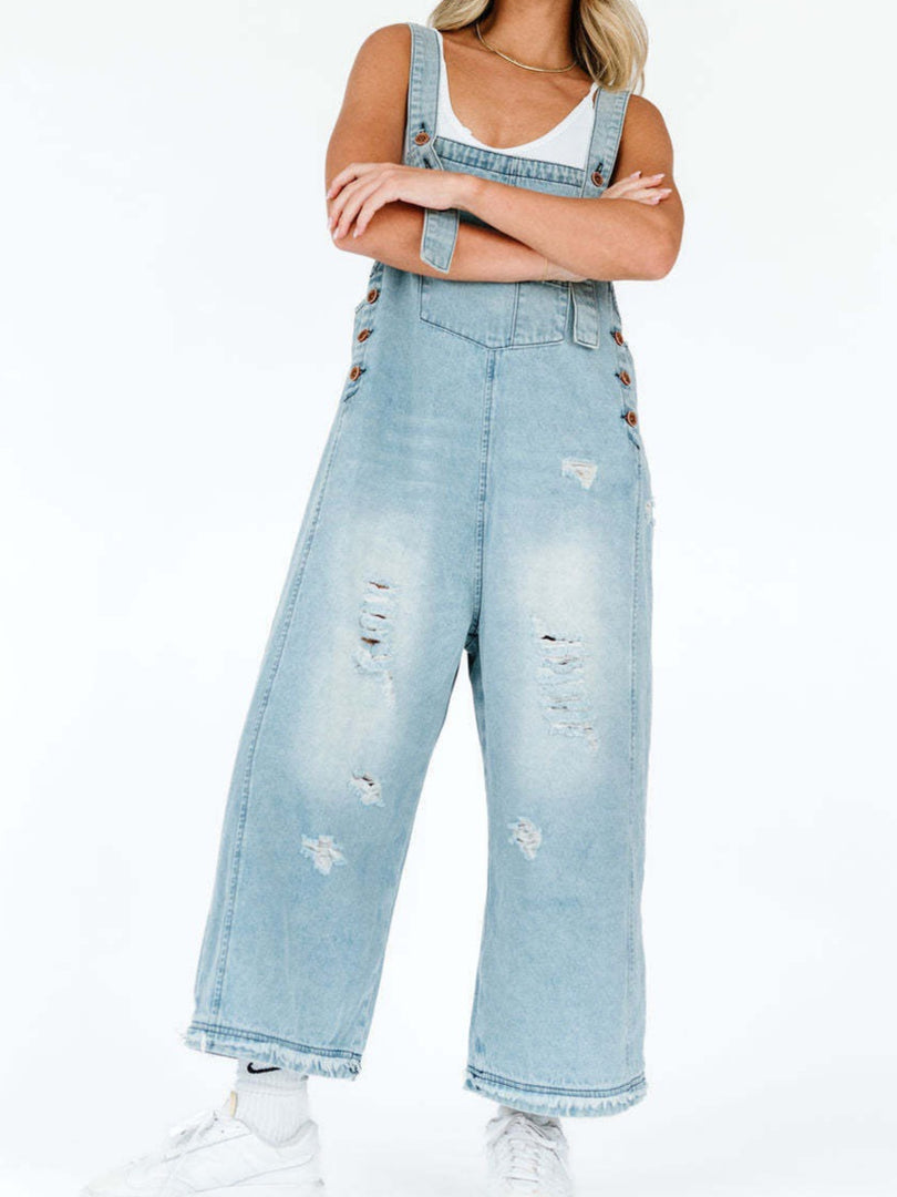 Vintage Distressed Wide Leg Denim Overalls Women N6D150