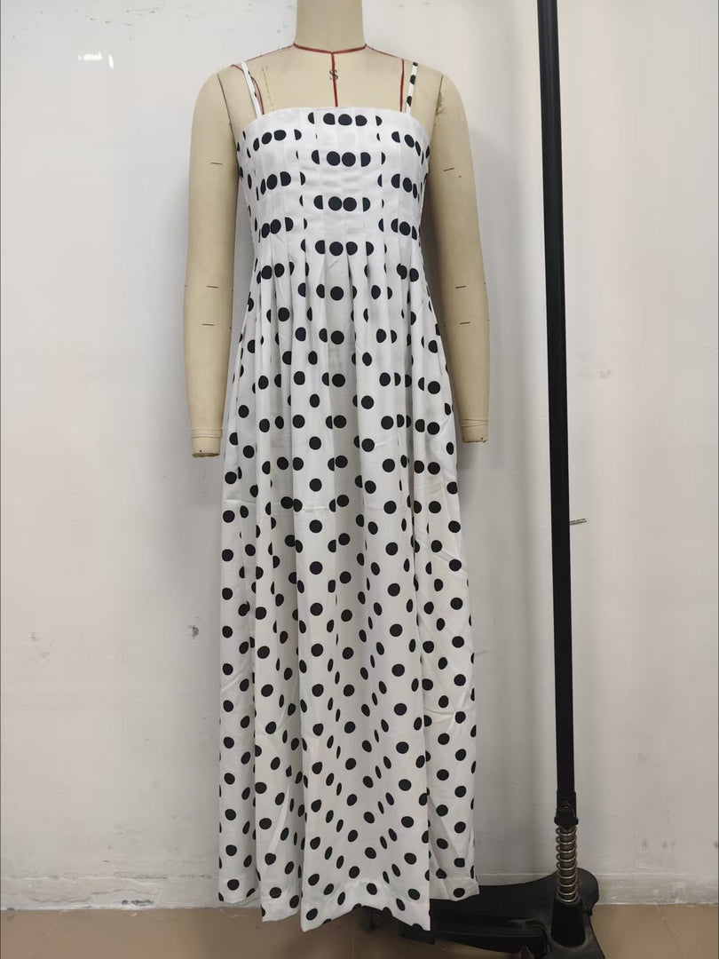 Polka Dot Pleated Midi Dress Sweet Spaghetti Strap N6F030