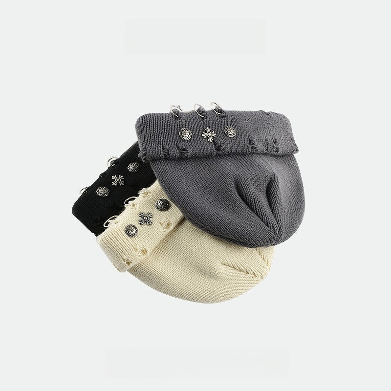 Vintage Cross Ring Hole Knit Beanie Women N6H216