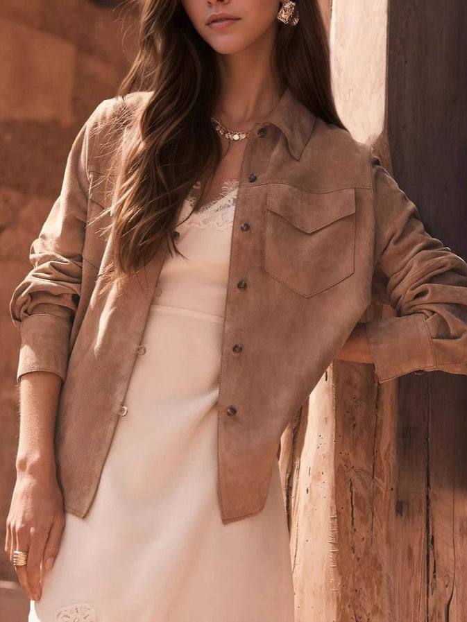 Suede Notch Lapel Multi-Pocket Loose Jacket Women N6C128