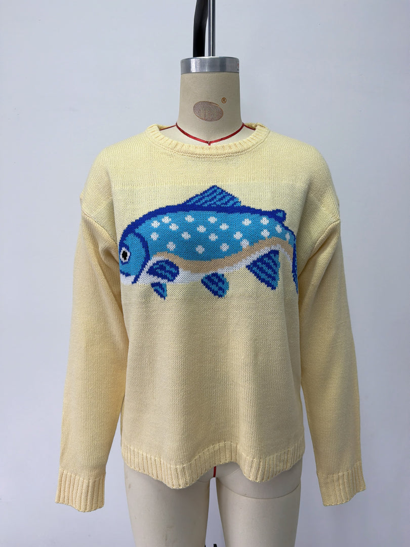 Printed Round Neck Loose Knit Pullover Sweater Women N6H301