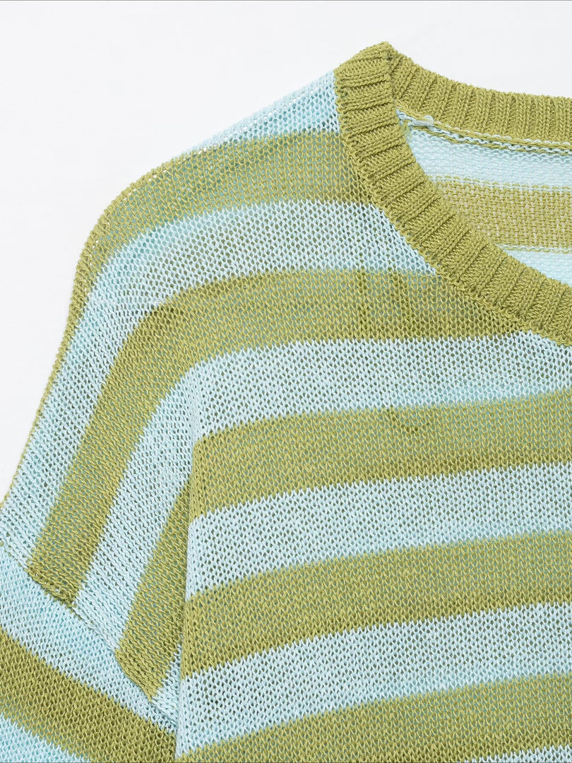 Casual Striped Knit Top Round Neck Cap Sleeve Women N6G149