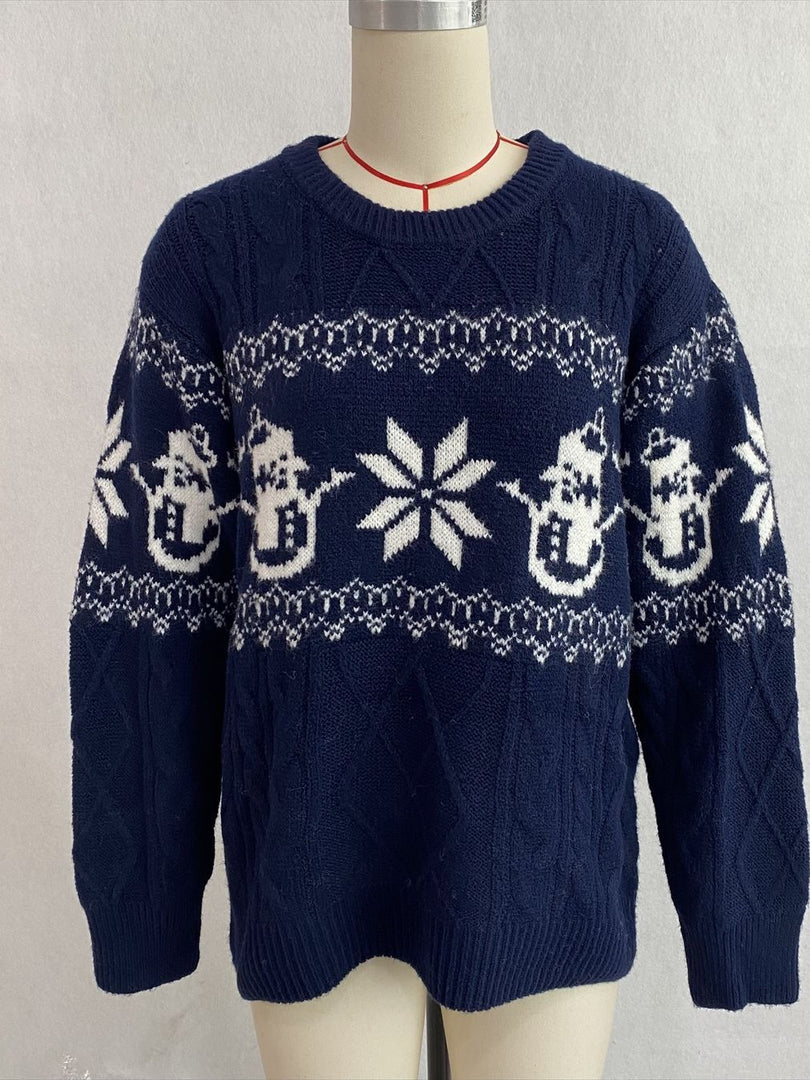 Jacquard Cable Knit Round Neck Loose Pullover Sweater N6H281