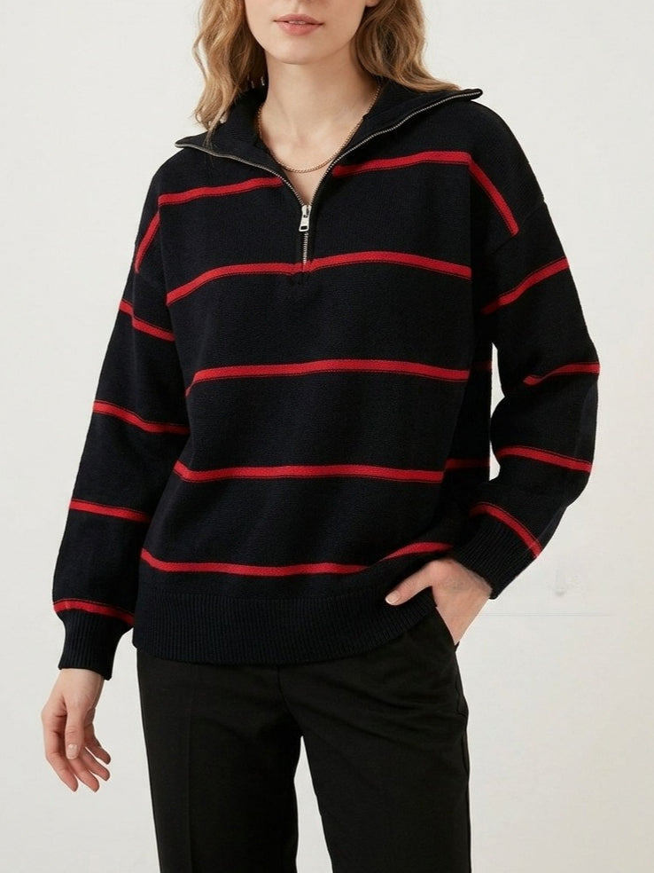 Striped Zip-Up Knit Pullover Women Round Neck N6G180