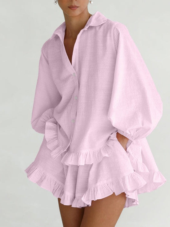 Striped Puff Sleeve Lapel Shirt and Shorts Set Women N6C188