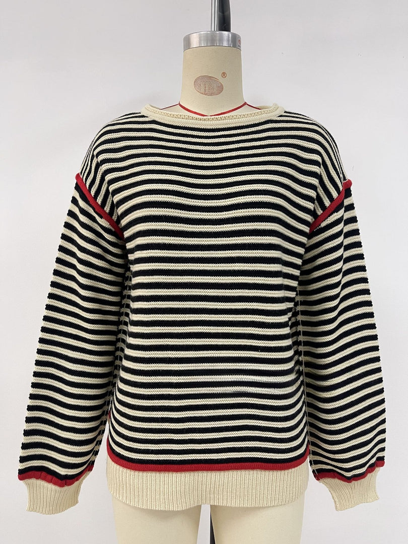 Striped Round Neck Oversized Knit Pullover Women N6G188