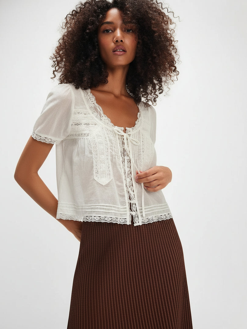 3D Lace French Tie Organic Cotton Blouse Women N6C120