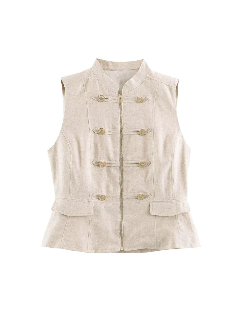 Sleeveless Stand Collar Knot Zip Vest Shorts Set N6F202