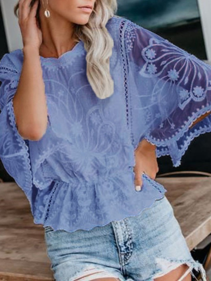 Lace Ruffle Batwing Sleeve Blouse Women Chiffon N6G269