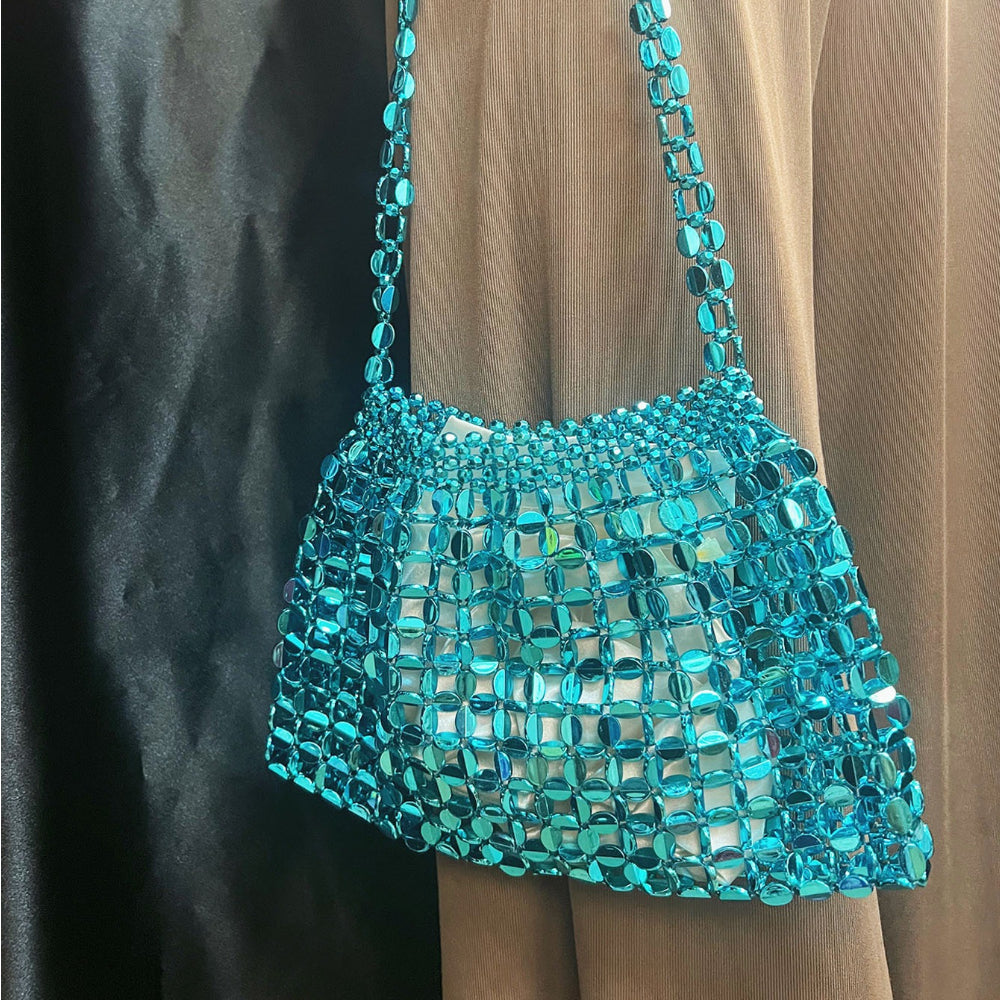 Handwoven Silver Gold Bead Large Hobo Shoulder Bag N6E021