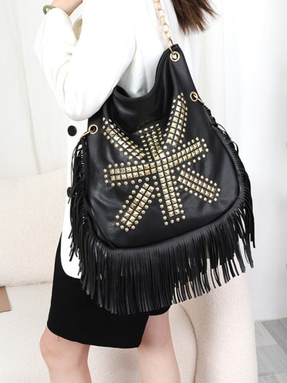 Soft Leather Rivet Fringe Tote Bag Women N6C221