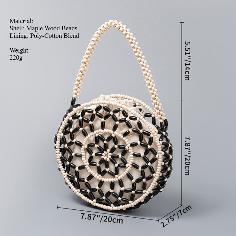 Hand Woven Wooden Bead Circle Bag Drawstring Closure S5P370