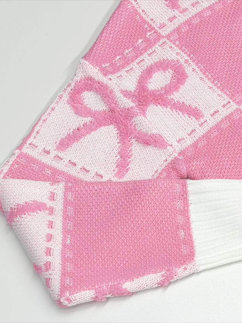 Sweet Bow Detail Pink Acrylic Knit Sweater Loose Fit N6G129