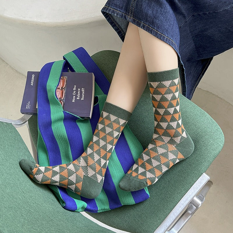 Double Needle Knit Mid-Calf Socks Women Cotton N6H022