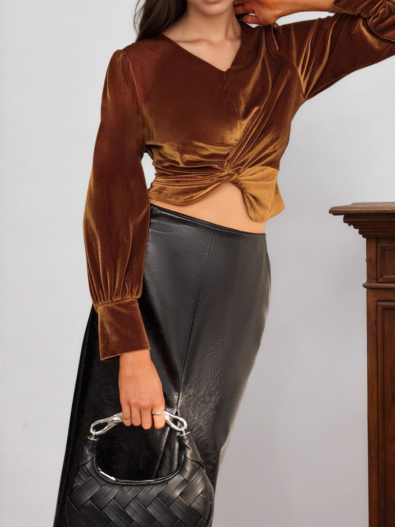 Velvet French Twist Top Women Waist Knot Blouse N5A078