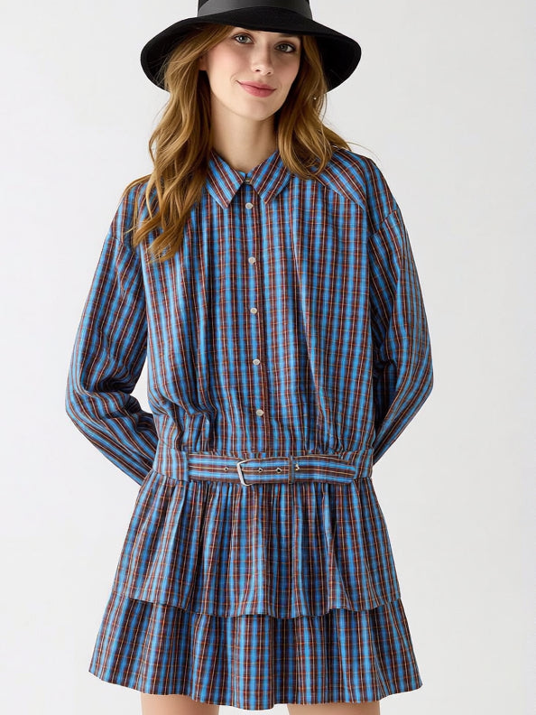 Layered Gingham Dress with Belt Women N6C115