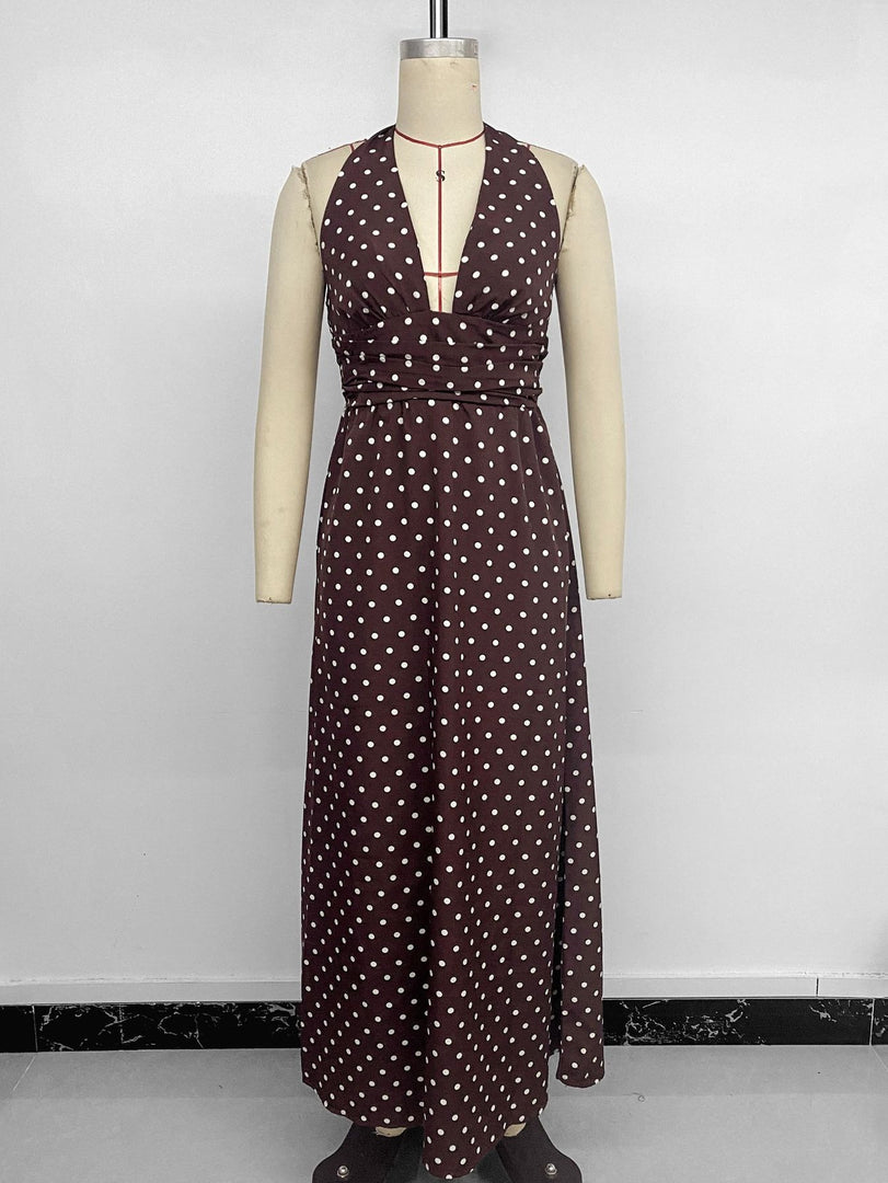 Polka Dot Halter Deep V-Neck Bodycon Dress N6E164