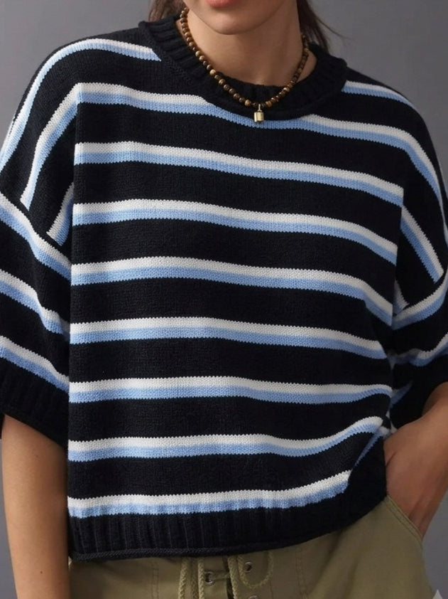 Short Sleeve Round Neck Striped Knit Pullover Women N6G189