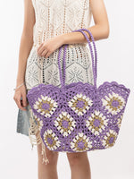 Load image into Gallery viewer, Hand Crochet Color Block Mesh Tote Beach Bag Women N6C302