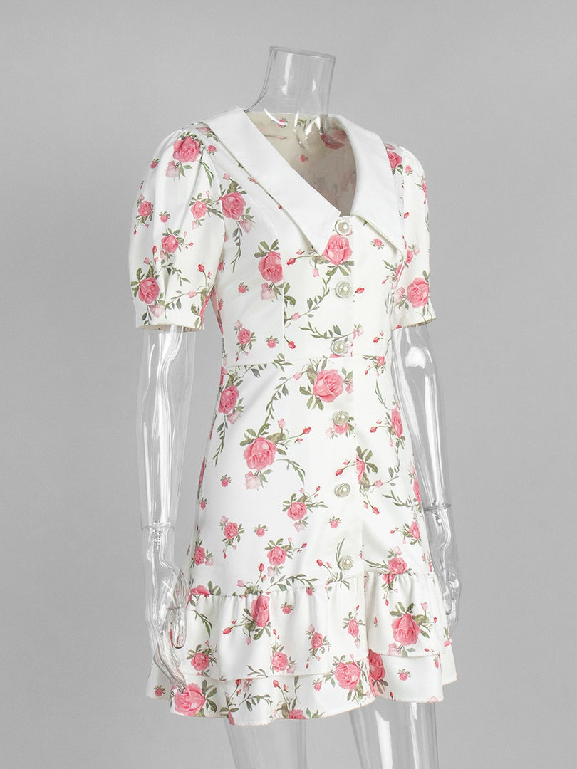 French V-neck Puff Sleeve Print Dress Women N6D072