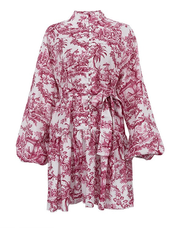 Ink Print Puff Sleeve Stand Collar A-line Dress Women N6C190