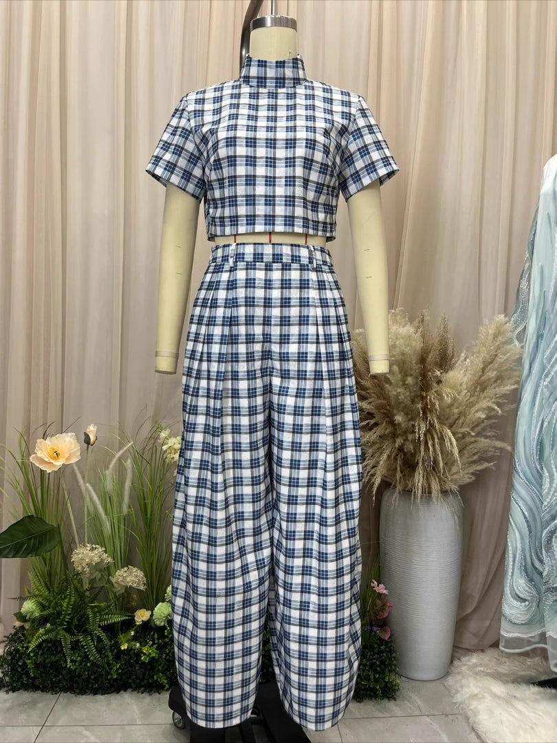 Check High Neck Crop Top and Wide Leg Pants Set  N6D105