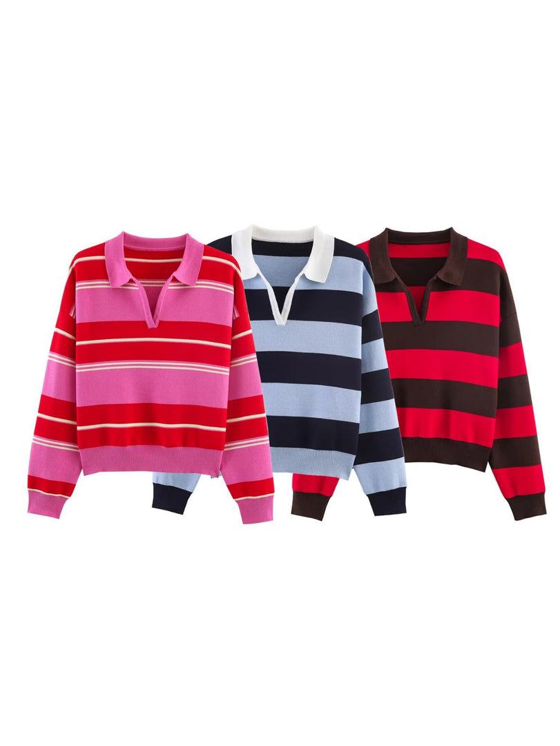 Simple Striped Polo Collar Knit Pullover Women N6G172